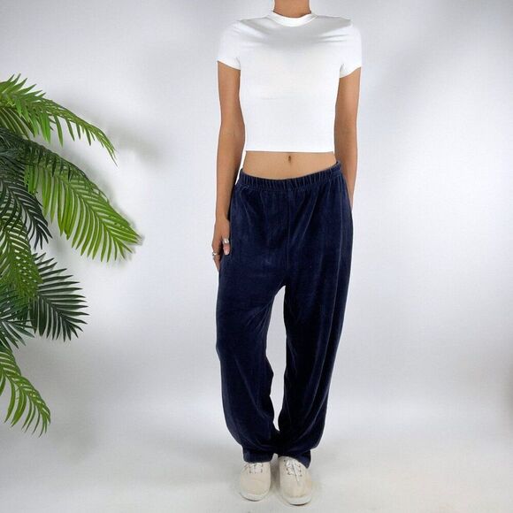 Vintage Y2K Navy Velour Sporty Low Rise Casual Baggy Lounge Track Pants / Medium - Picture 3 of 7